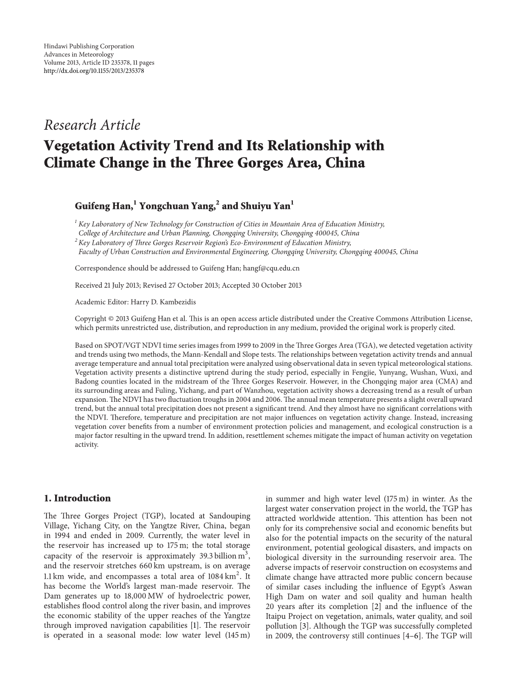 Vegetation Activity Trend and Its Relationship with Climate Change in the Three Gorges Area, China