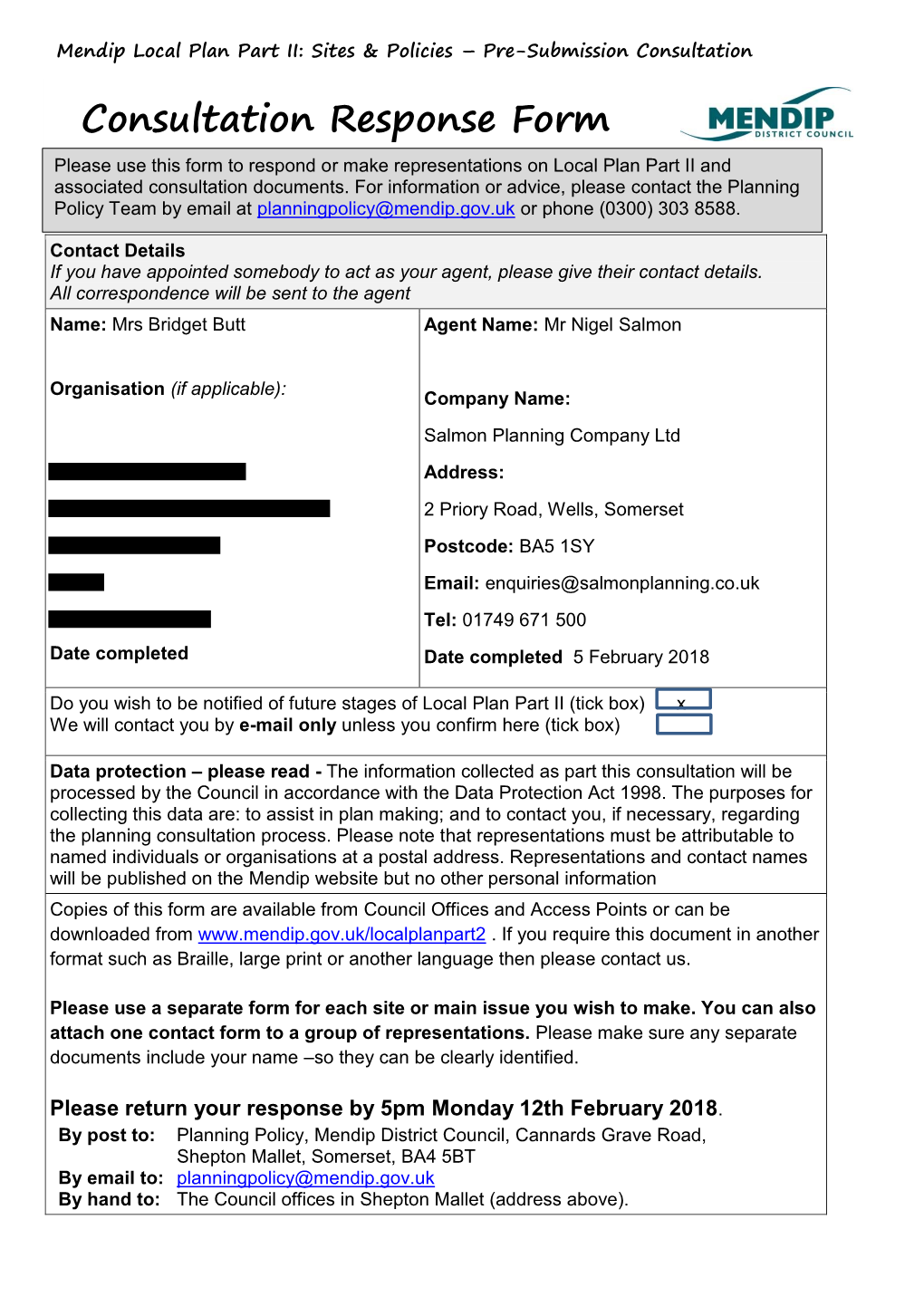 Consultation Response Form Please Use This Form to Respond Or Make Representations on Local Plan Part II and Associated Consultation Documents