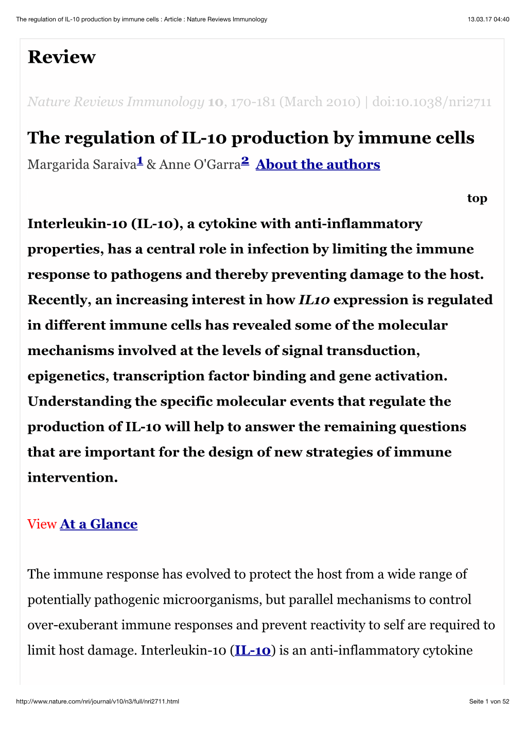 The Regulation of IL-10 Production by Immune Cells : Article : Nature Reviews Immunology 13.03.17 04:40