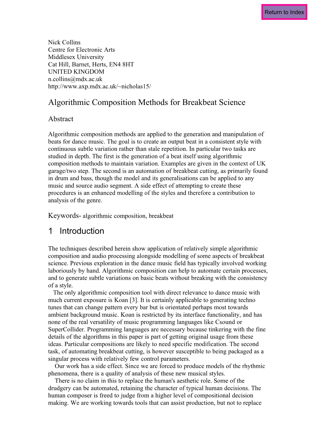 Algorithmic Composition Methods for Breakbeat Science 1 Introduction