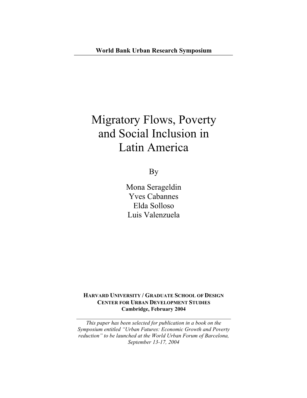 Migratory Flows, Poverty and Social Inclusion in Latin America