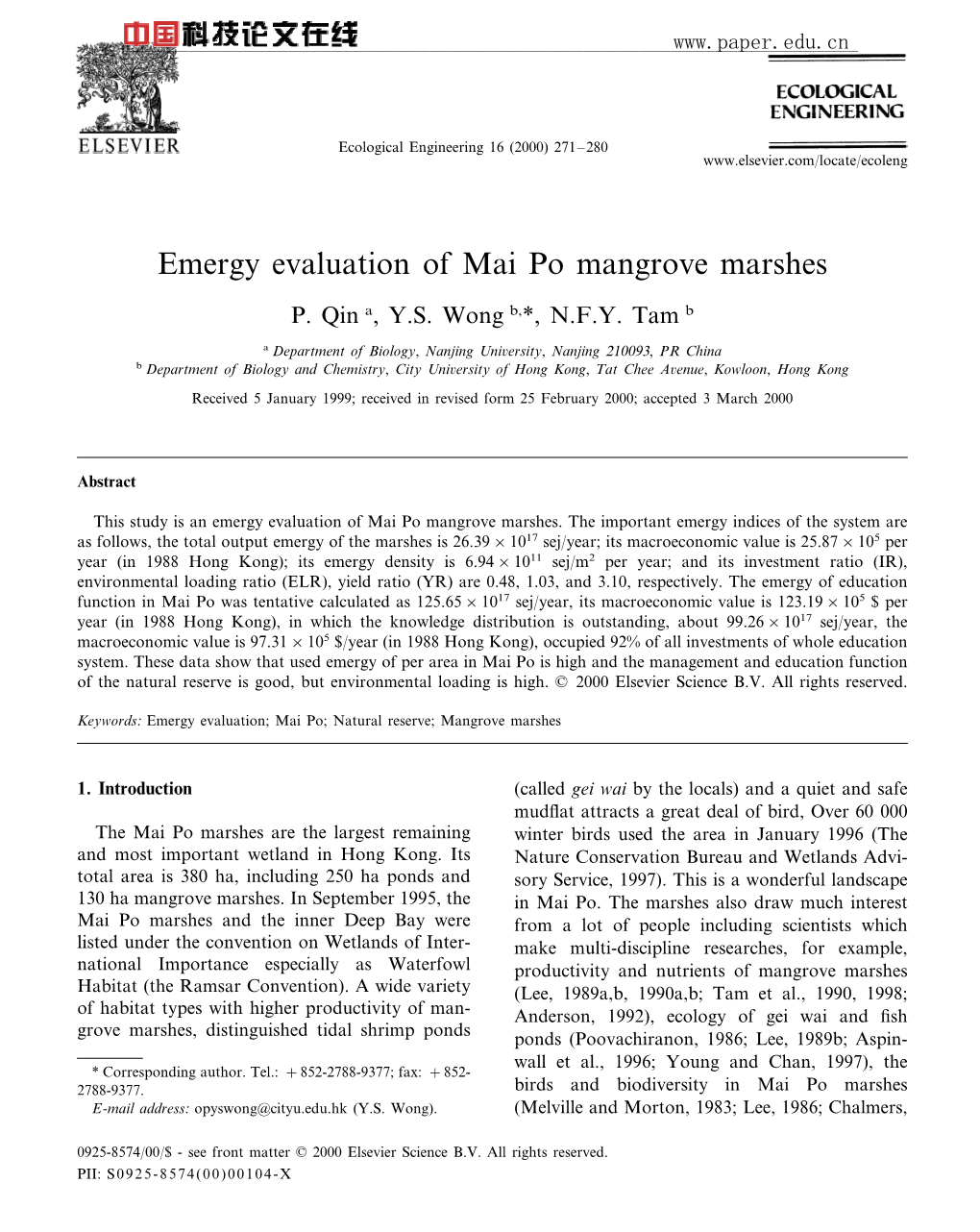 Emergy Evaluation of Mai Po Mangrove Marshes