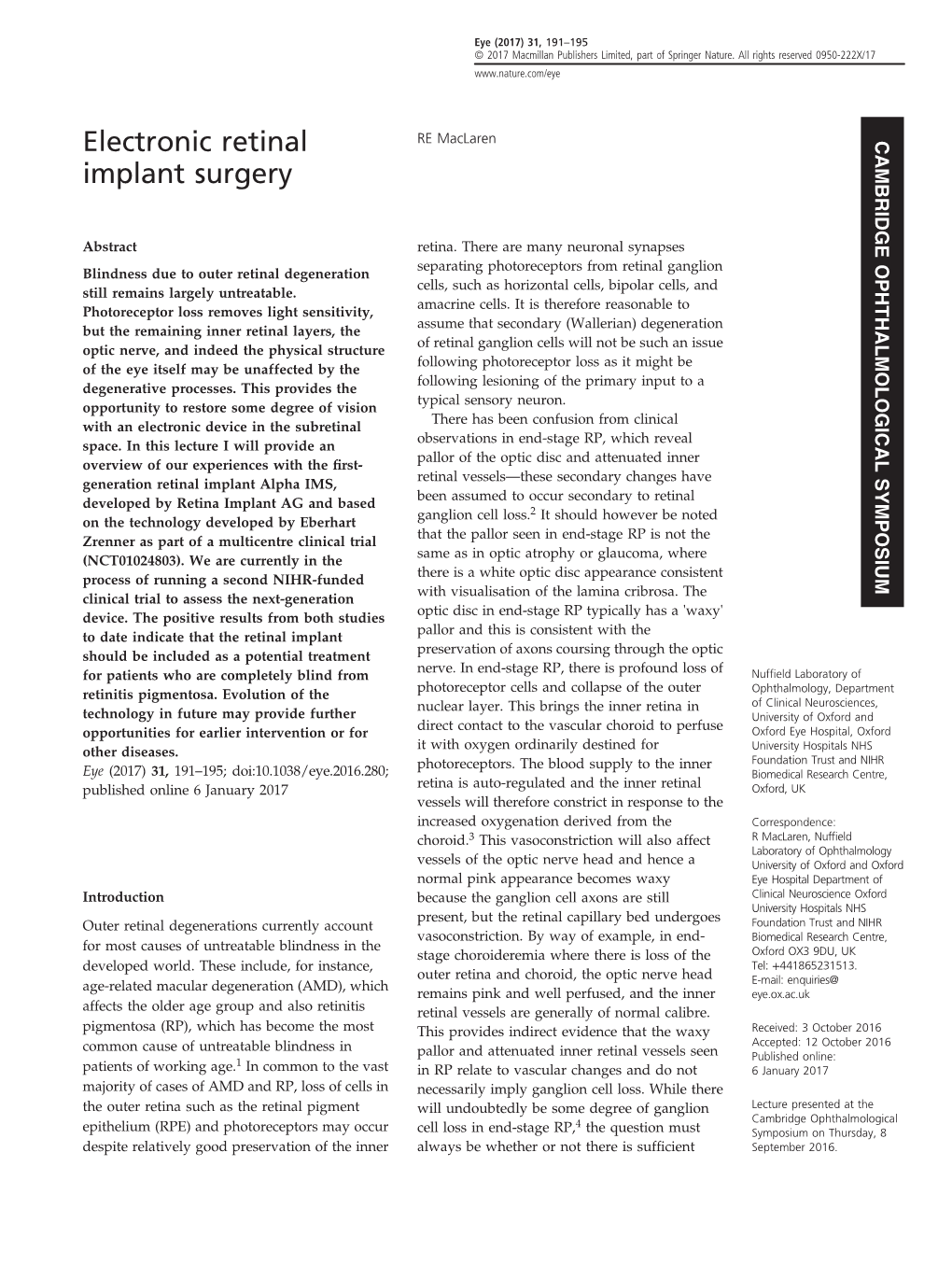 Electronic Retinal Implant Surgery RE Maclaren 192