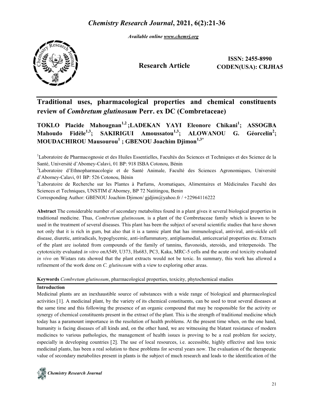 Traditional Uses, Pharmacological Properties and Chemical Constituents Review of Combretum Glutinosum Perr