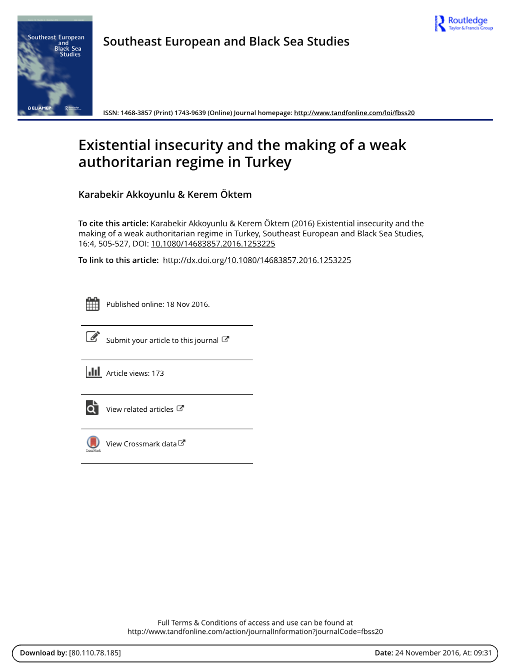 Existential Insecurity and the Making of a Weak Authoritarian Regime in Turkey