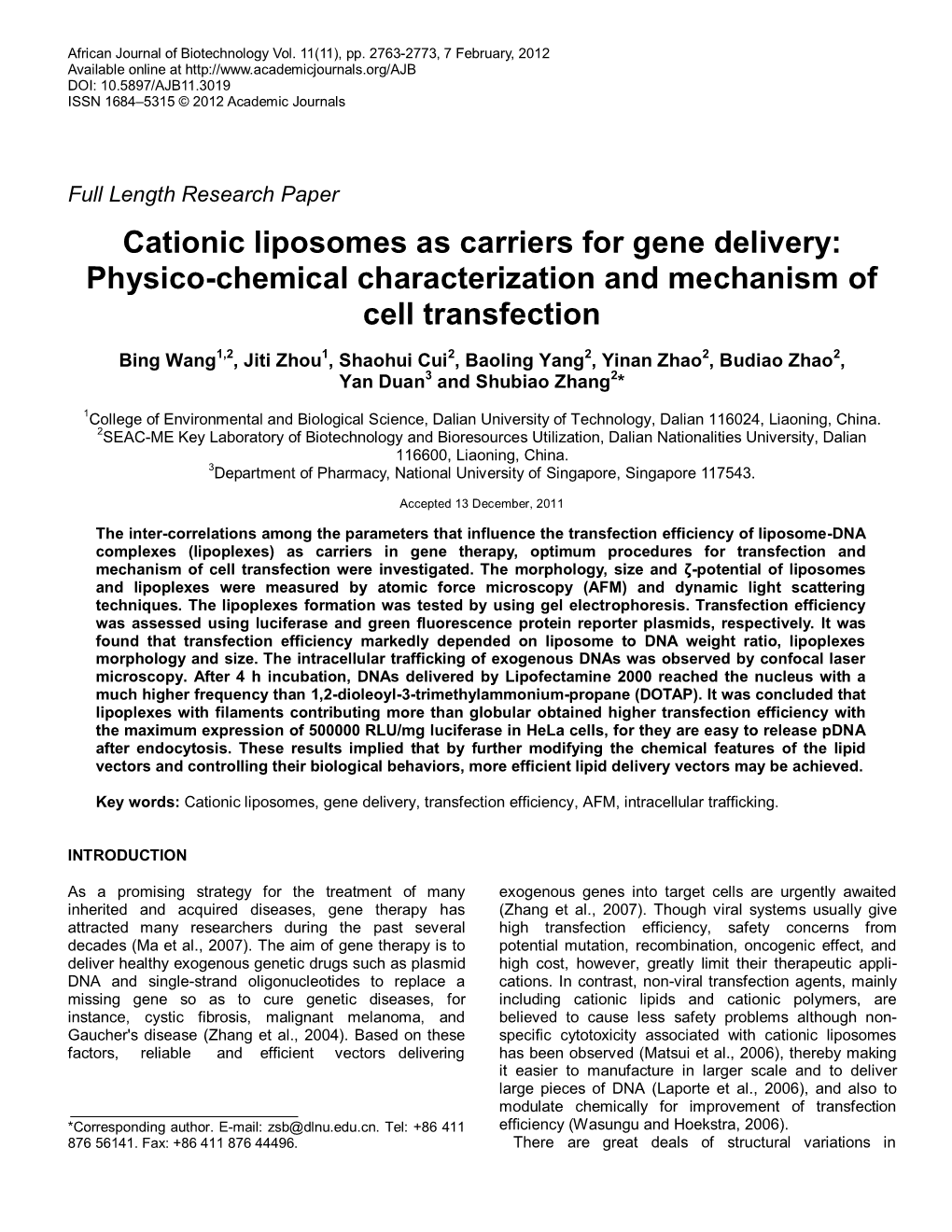 Cationic Liposomes As Carriers for Gene Delivery: Physico-Chemical Characterization and Mechanism of Cell Transfection