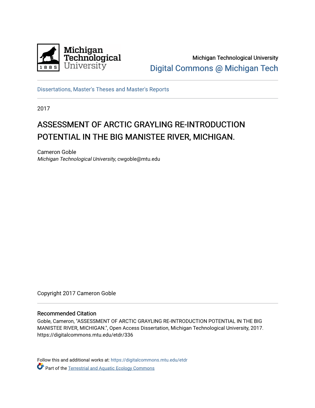 Assessment of Arctic Grayling Re-Introduction Potential in the Big Manistee River, Michigan