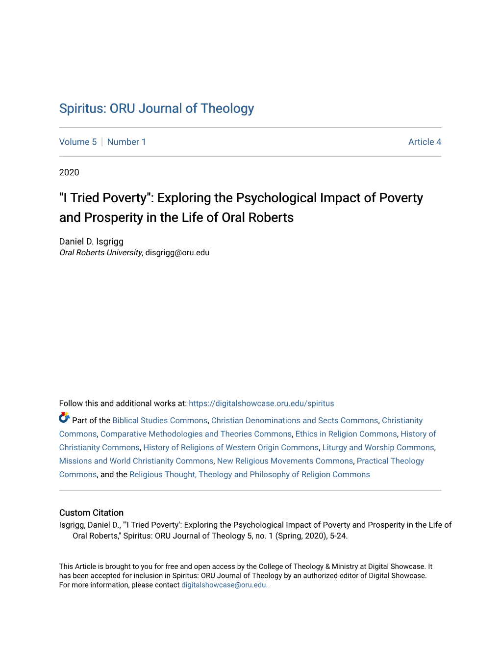 Exploring the Psychological Impact of Poverty and Prosperity in the Life of Oral Roberts