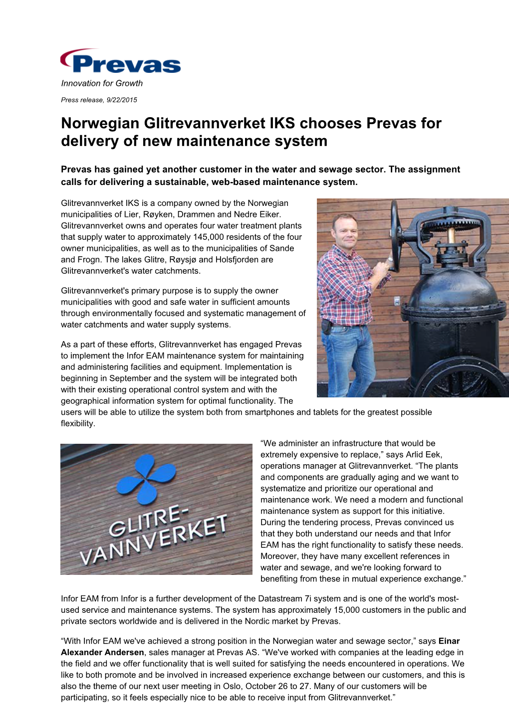 Norwegian Glitrevannverket IKS Chooses Prevas for Delivery of New Maintenance System