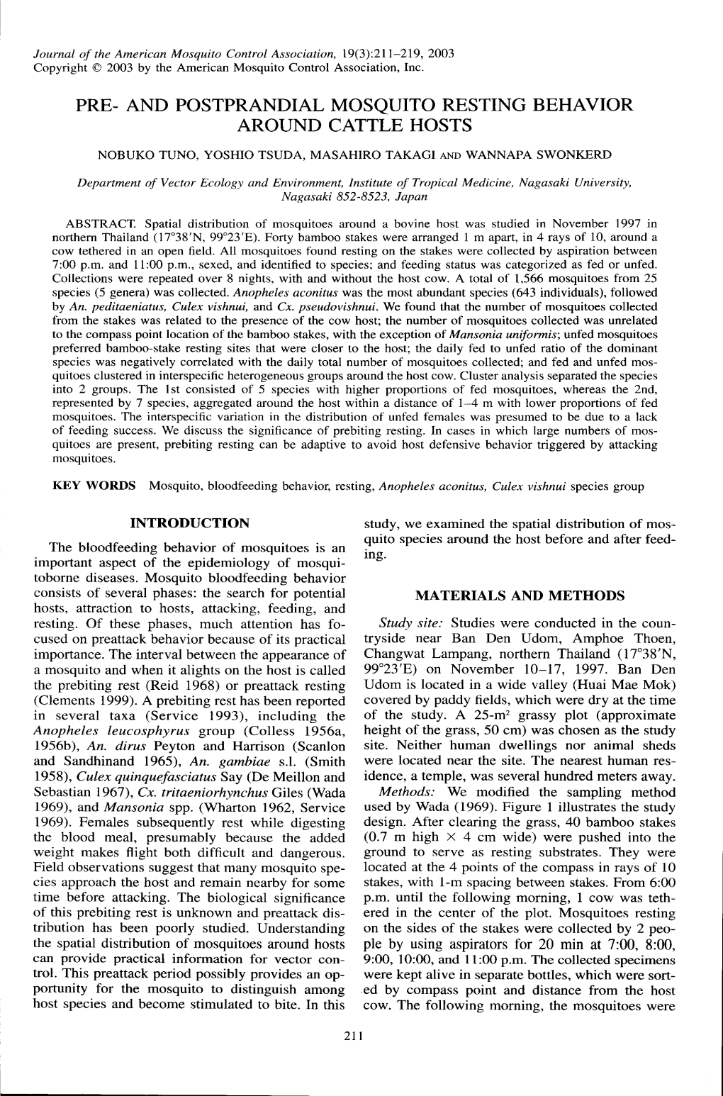 And Postprandial Mosquito Resting Behavior Around Cattle Hosts