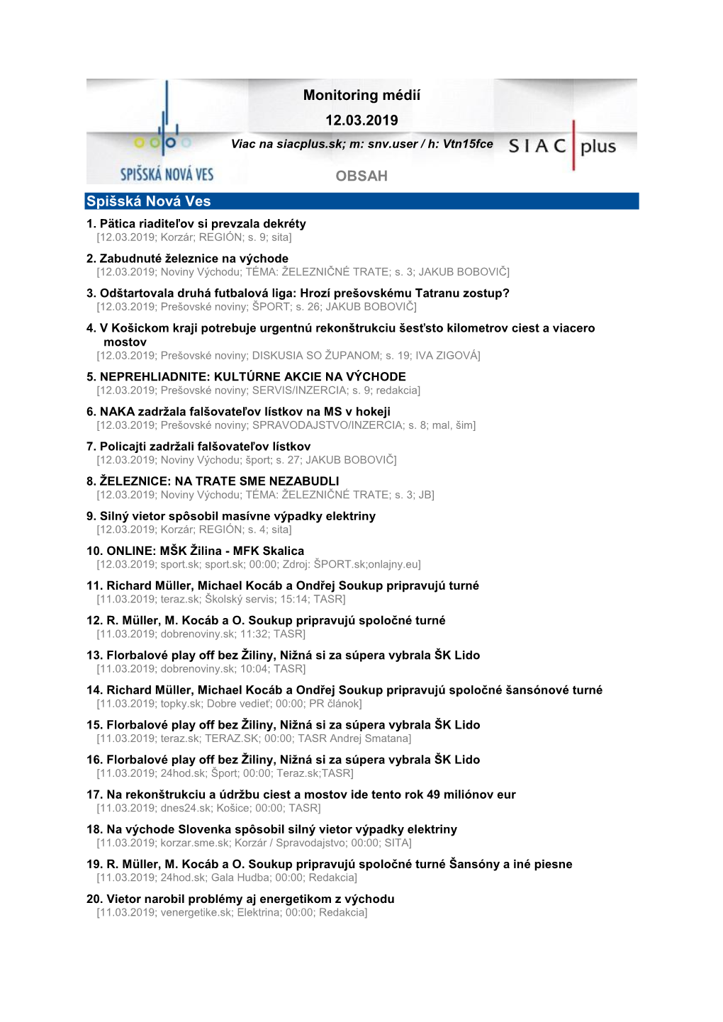 Monitoring Médií 12.03.2019 OBSAH Spišská Nová