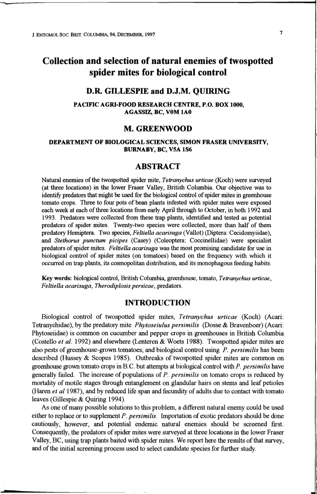 Collection and Selection of Natural Enemies of Twos Potted Spider Mites for Biological Control