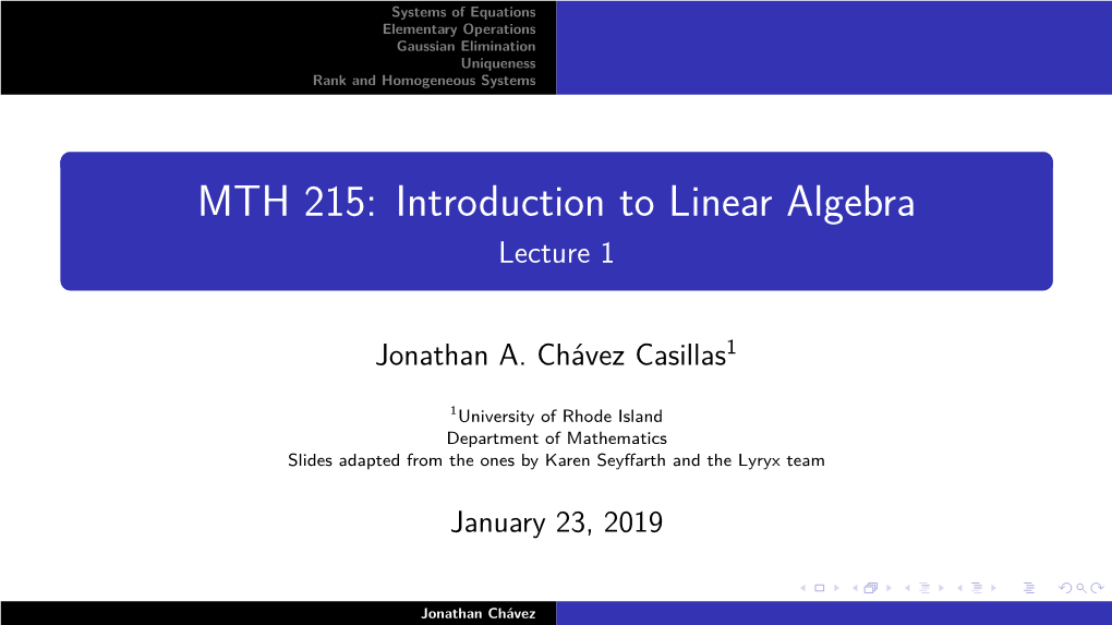 MTH 215: Introduction to Linear Algebra Lecture 1