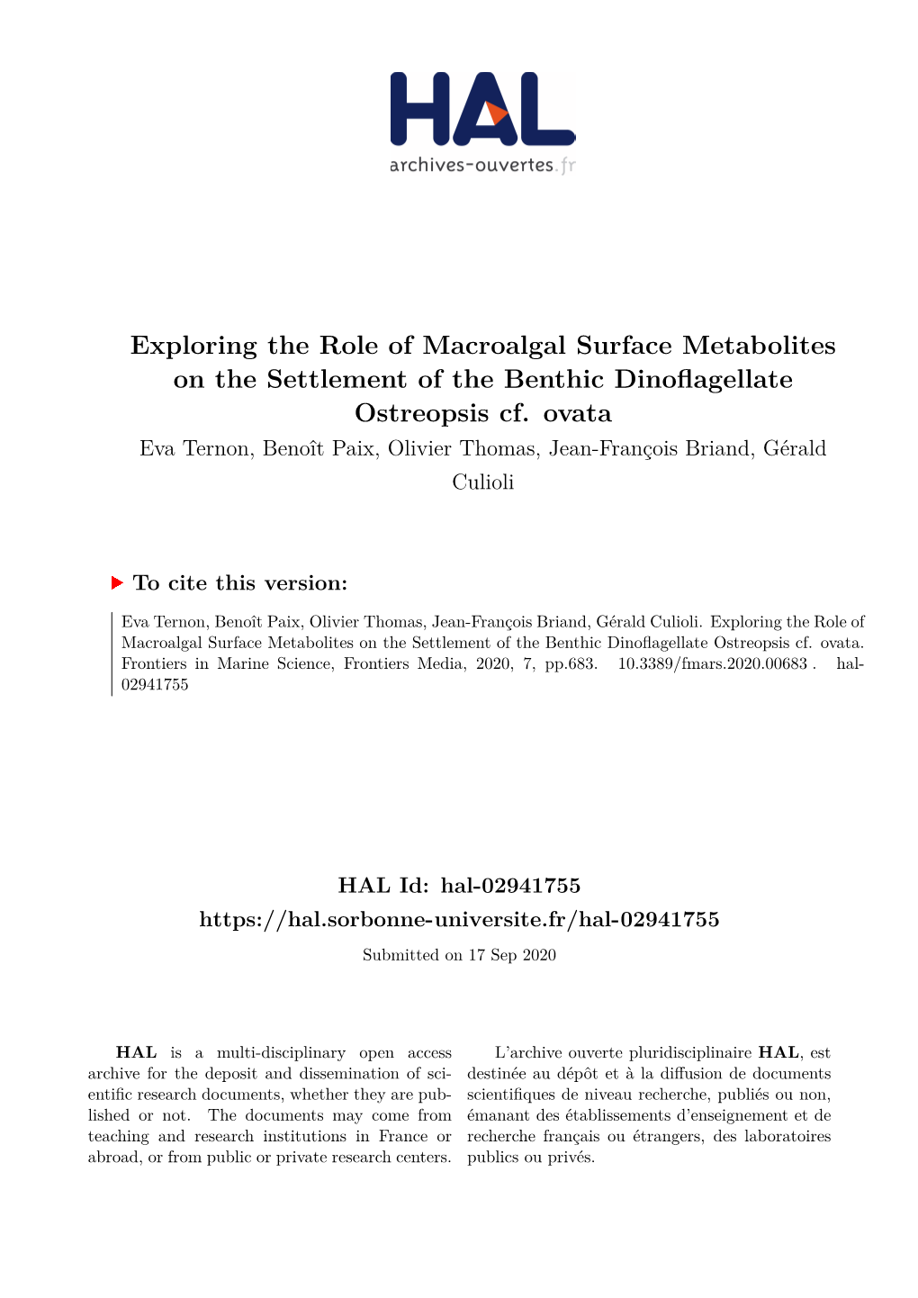 Exploring the Role of Macroalgal Surface Metabolites on the Settlement of the Benthic Dinoflagellate Ostreopsis Cf