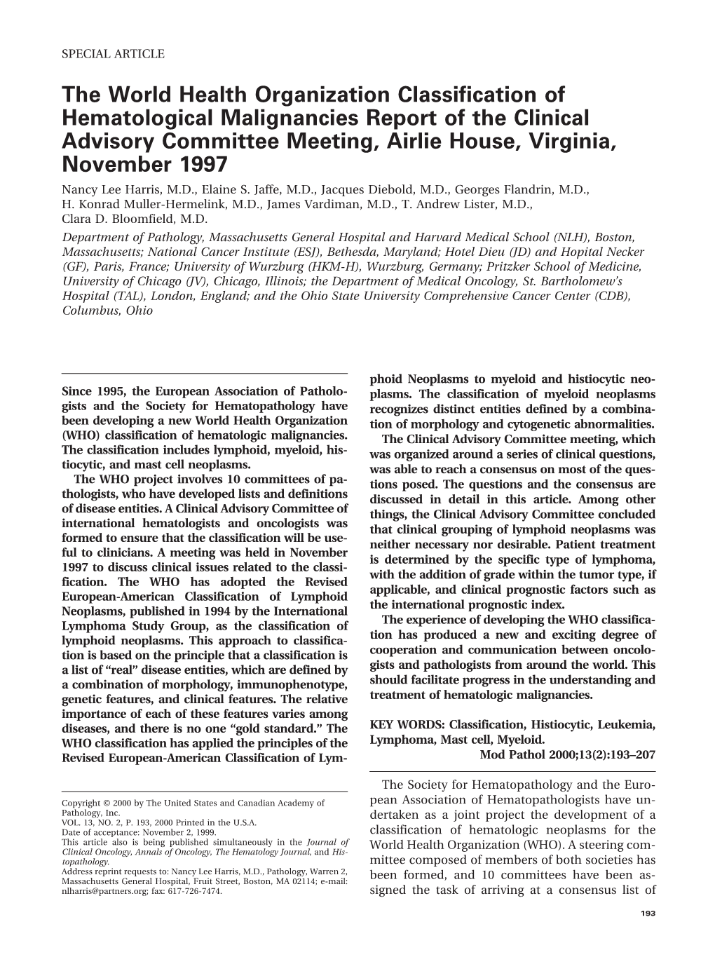 The World Health Organization Classification of Hematological