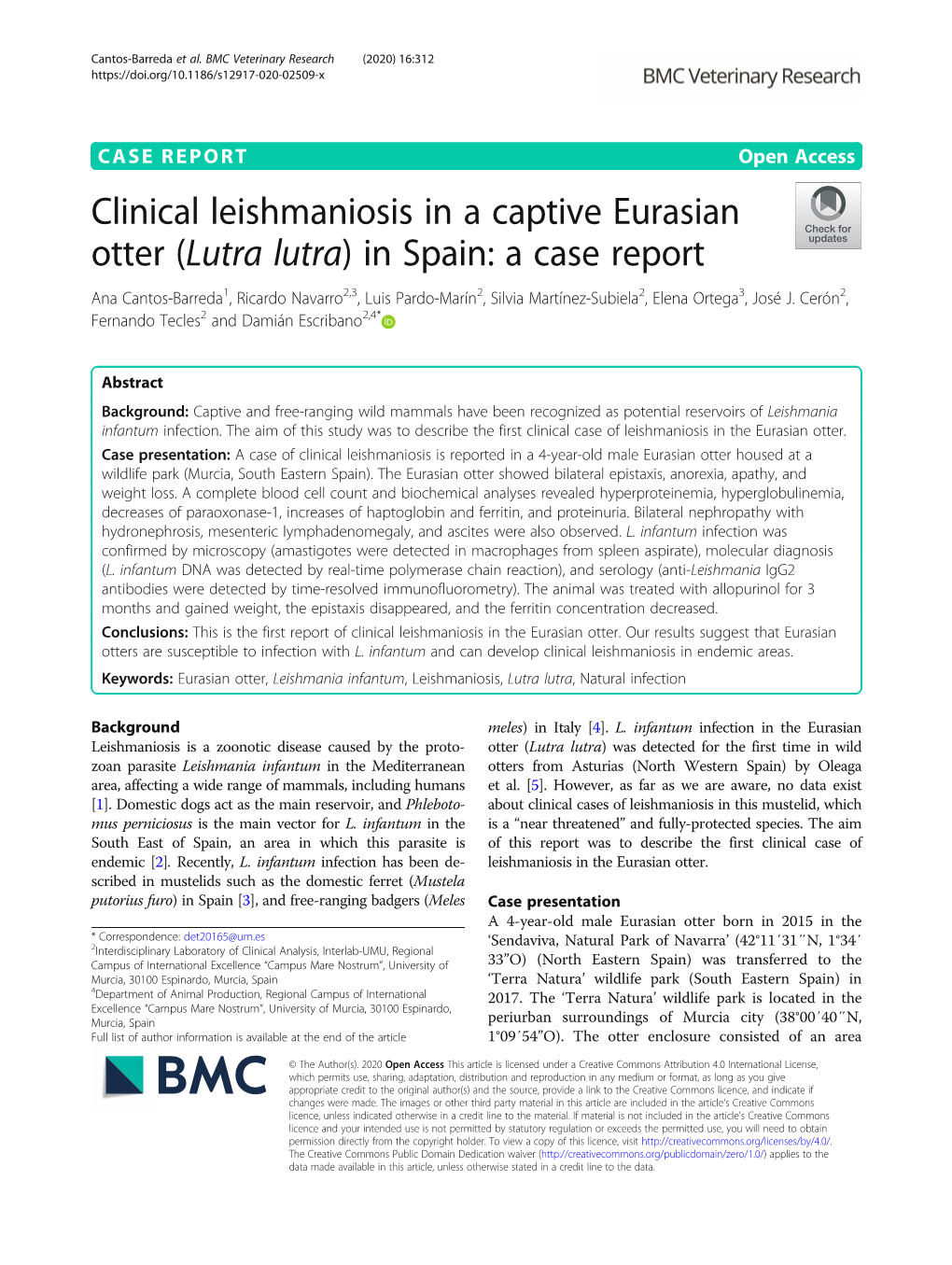 Clinical Leishmaniosis in a Captive Eurasian Otter (Lutra Lutra) in Spain