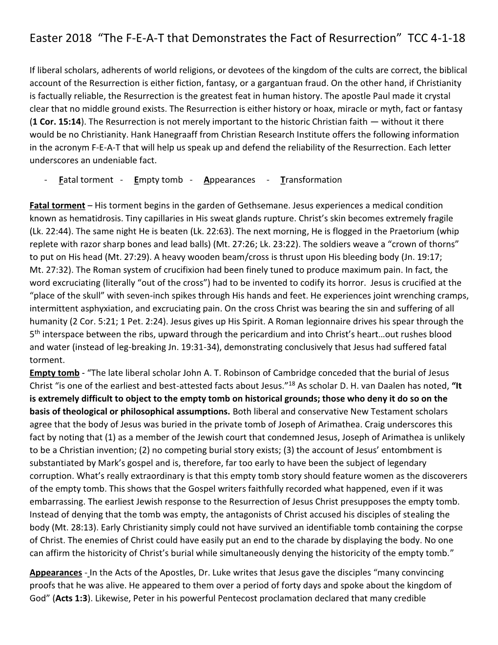 Easter 2018 “The F-E-A-T That Demonstrates the Fact of Resurrection” TCC 4-1-18