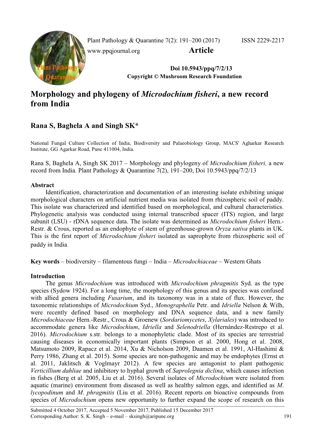 Morphology and Phylogeny of Microdochium Fisheri, a New Record from India