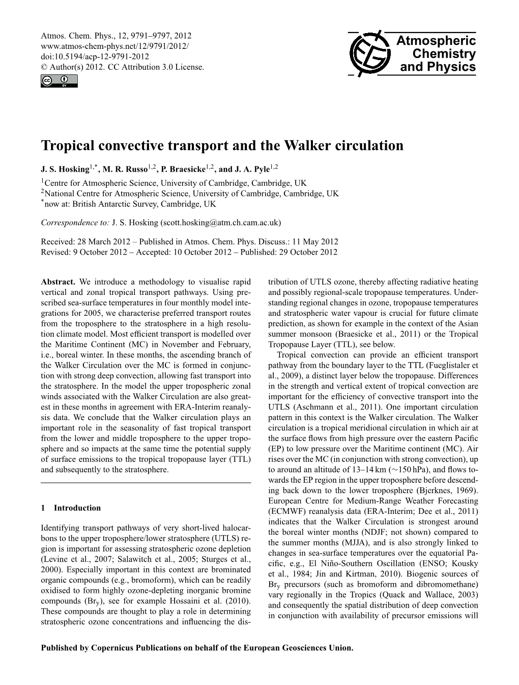 Tropical Convective Transport and the Walker Circulation