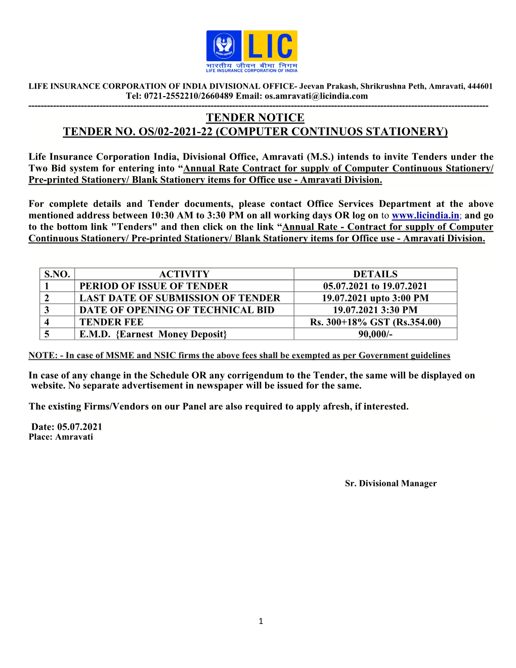 Tender Notice Tender No. Os/02-2021-22 (Computer Continuos Stationery)
