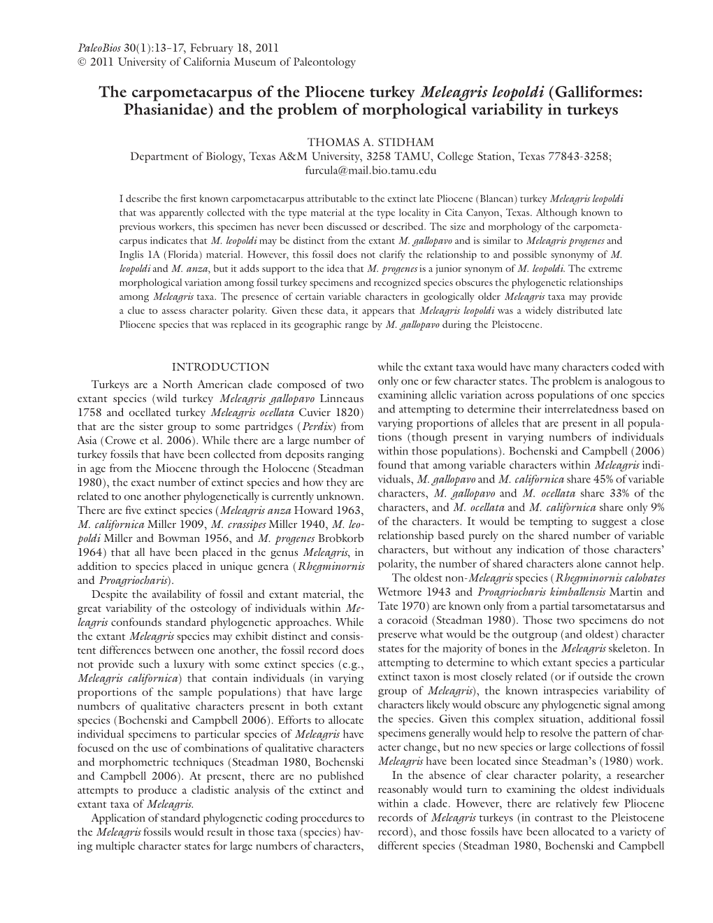 The Carpometacarpus of the Pliocene Turkey Meleagris Leopoldi (Galliformes: Phasianidae) and the Problem of Morphological Variability in Turkeys