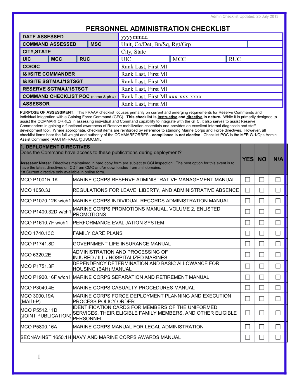 Unit Muster Checklist