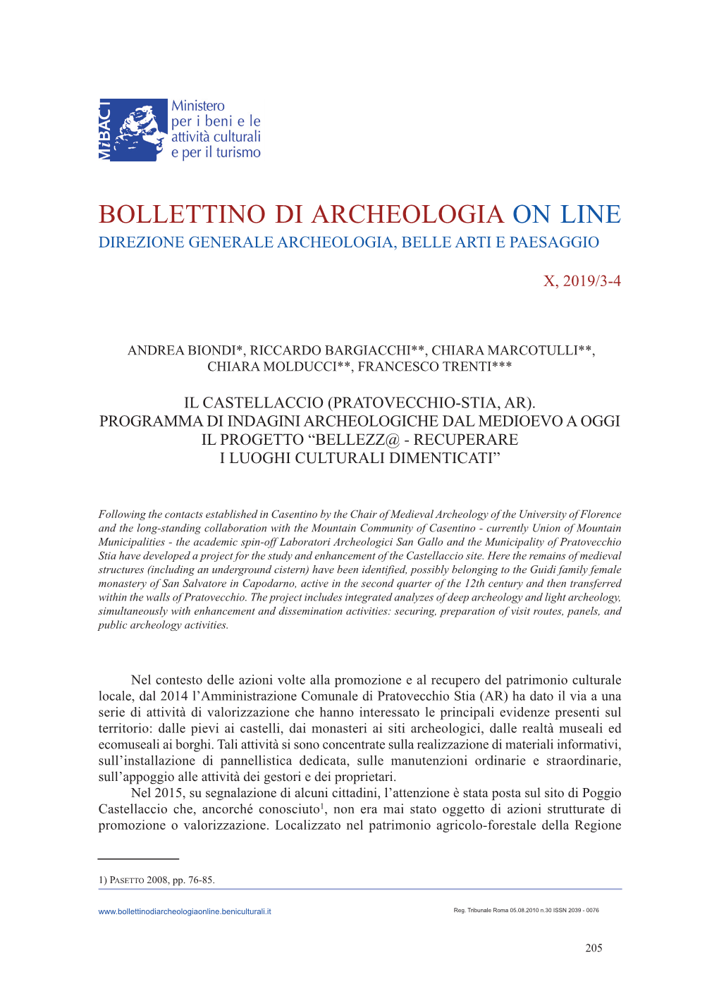 (Pratovecchio-Stia; AR). Programma Di Indagini Archeologiche