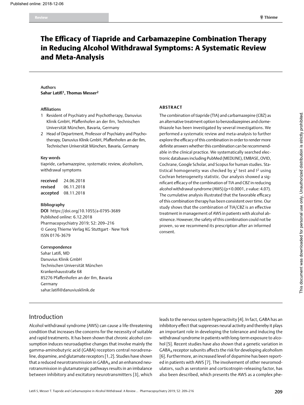 The Efficacy of Tiapride and Carbamazepine Combination Therapy in Reducing Alcohol Withdrawal Symptoms: a Systematic Review and Meta-Analysis