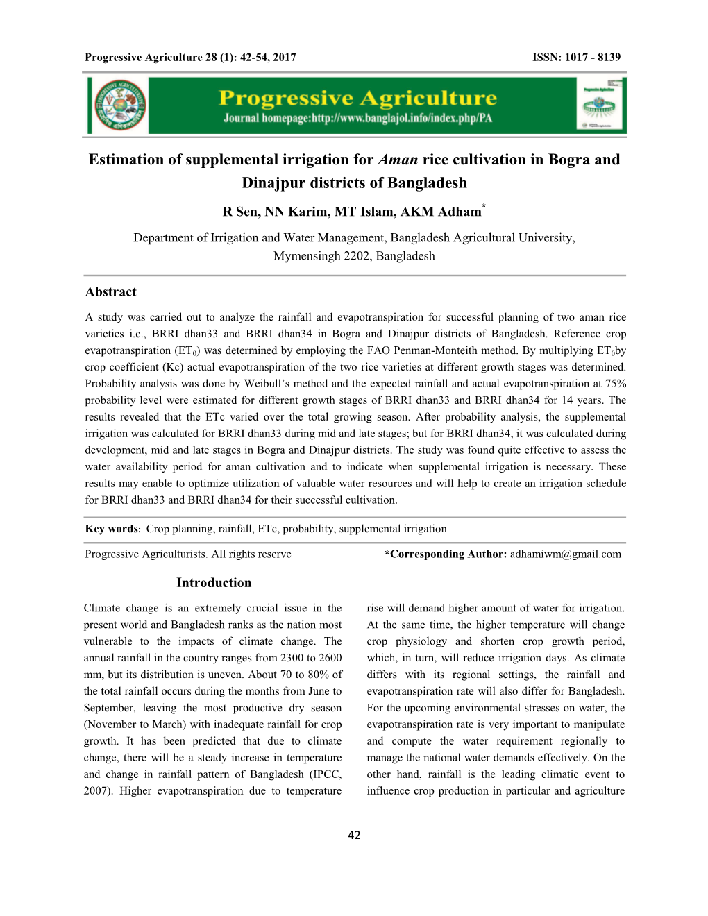 Estimation of Supplemental Irrigation for Aman Rice Cultivation in Bogra and Dinajpur Districts of Bangladesh