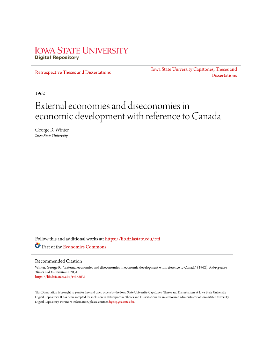 External Economies and Diseconomies in Economic Development with Reference to Canada George R