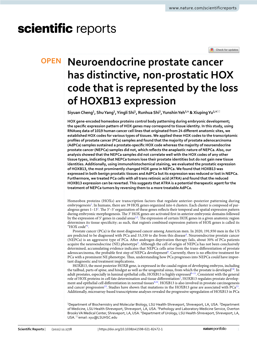 Neuroendocrine Prostate Cancer Has Distinctive, Non-Prostatic HOX Code