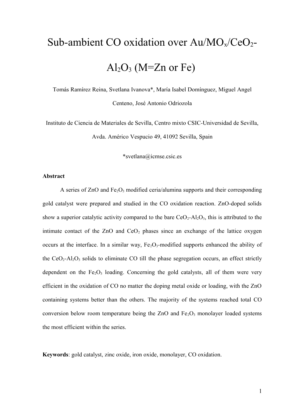 Sub-Ambient CO Oxidation Over Au/Mox/Ceo2-Al2o3 (M=Zn Or Fe)