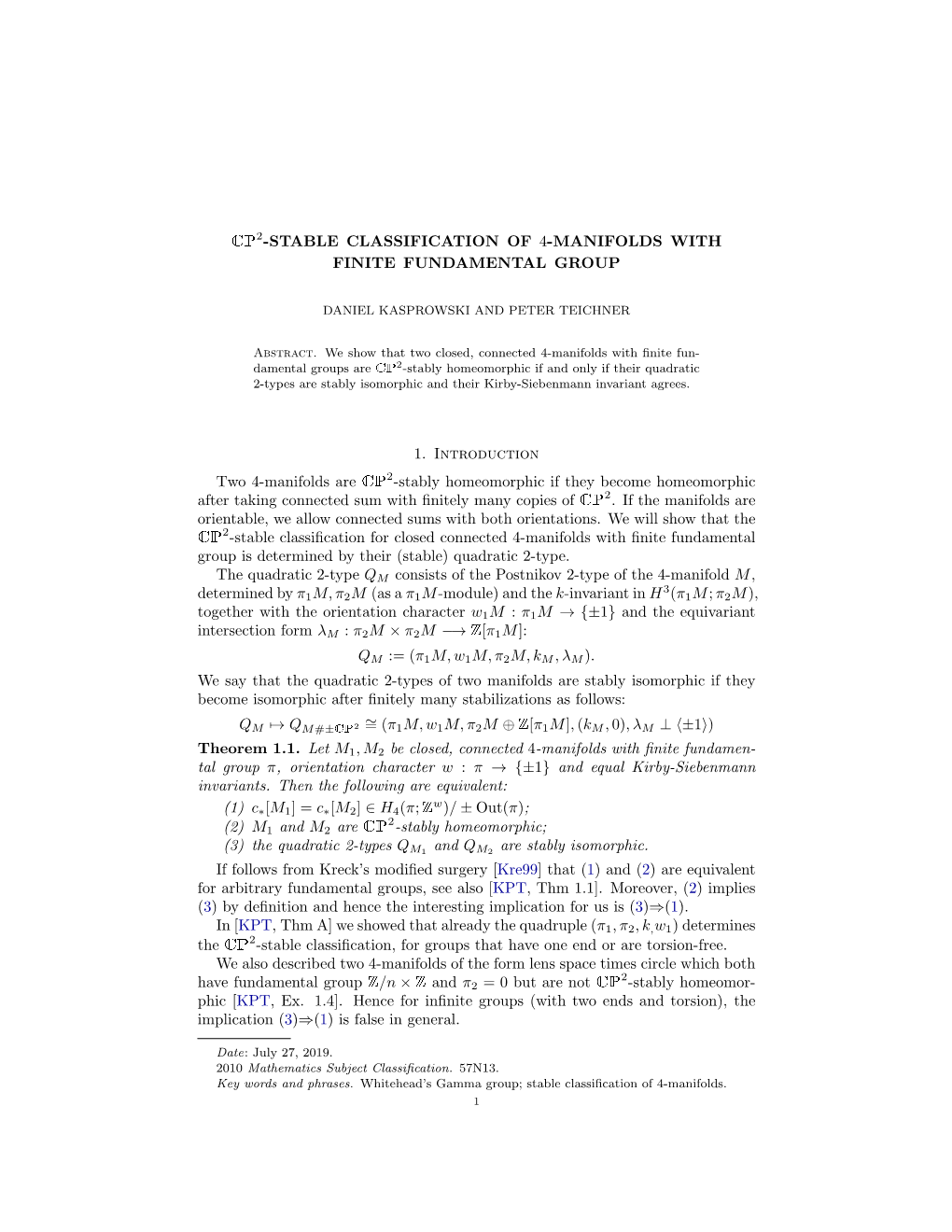 Cp2-Stable Classification of 4-Manifolds with Finite Fundamental Group