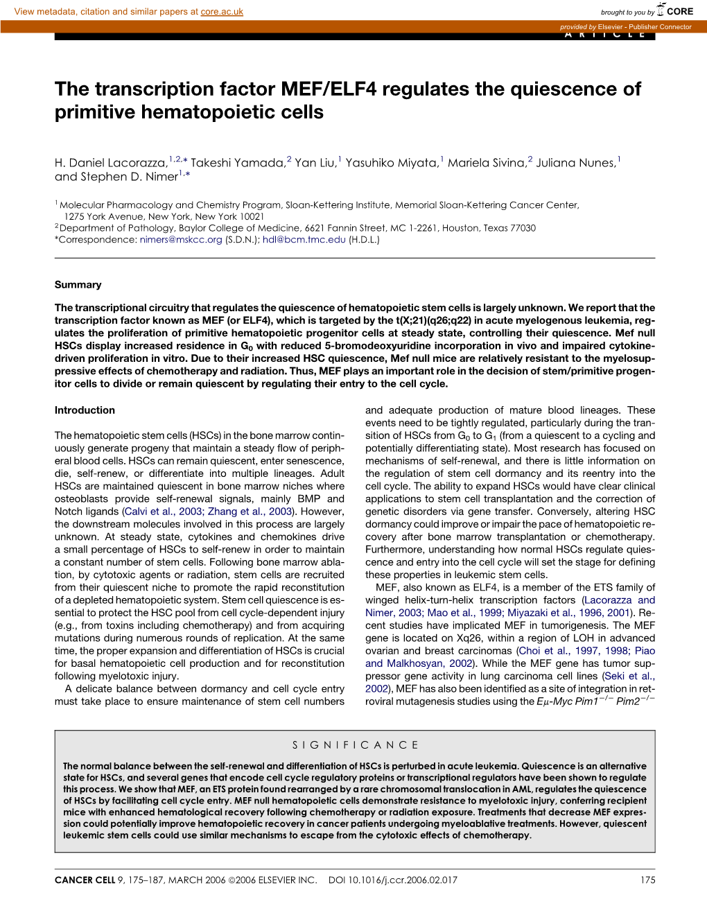 The Transcription Factor MEF/ELF4 Regulates the Quiescence of Primitive Hematopoietic Cells