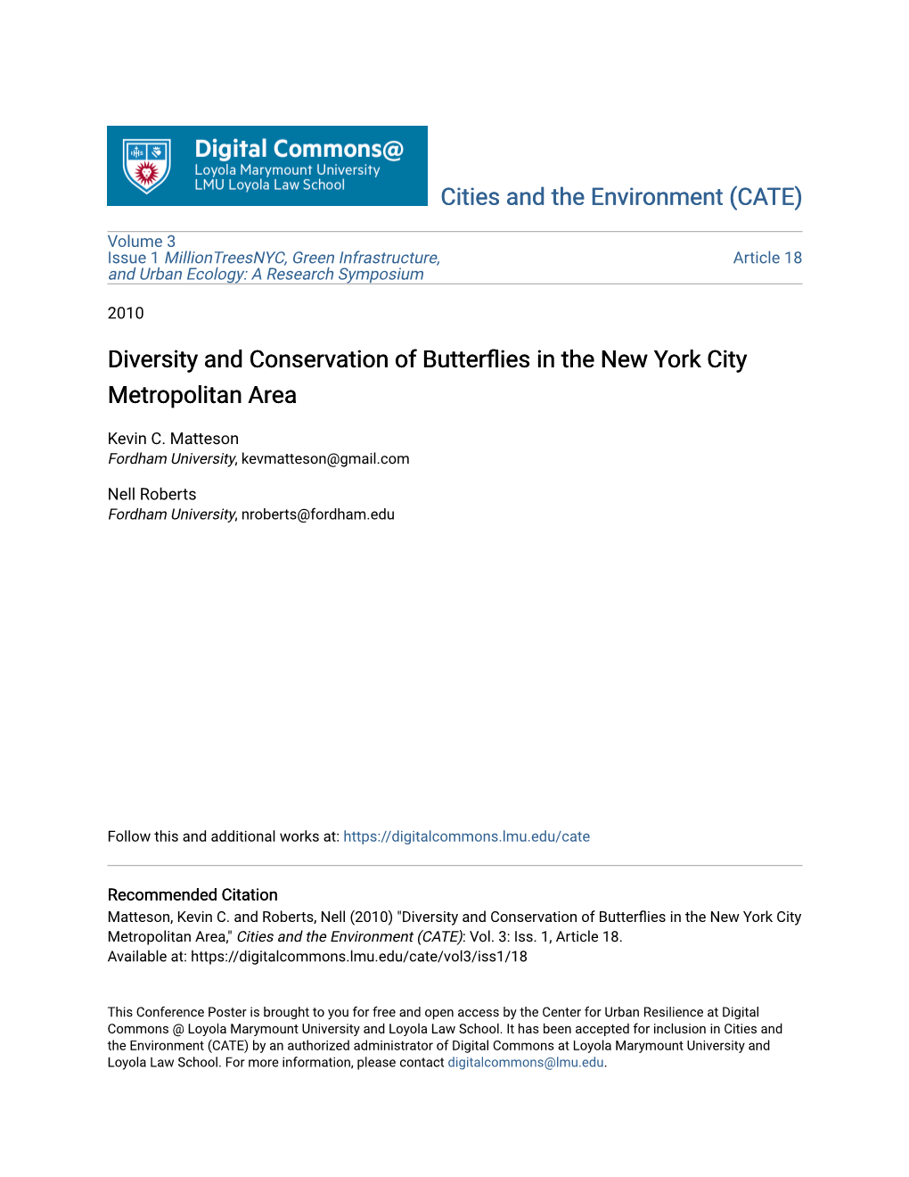 Diversity and Conservation of Butterflies in the New York City Me Kevin C
