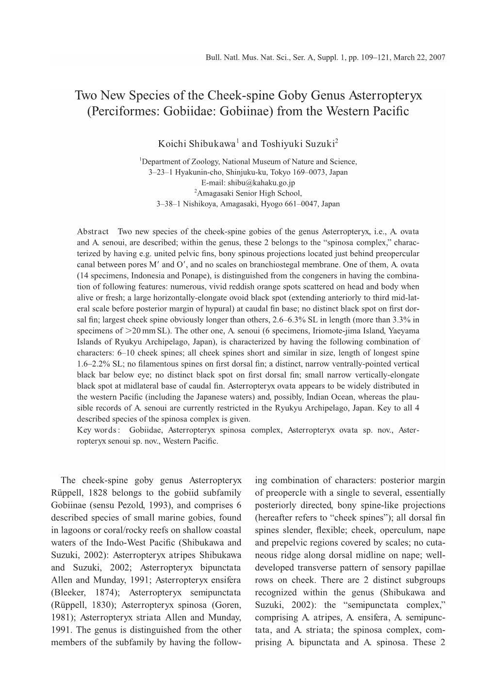 Two New Species of the Cheek-Spine Goby Genus Asterropteryx (Perciformes: Gobiidae: Gobiinae) from the Western Paciﬁc