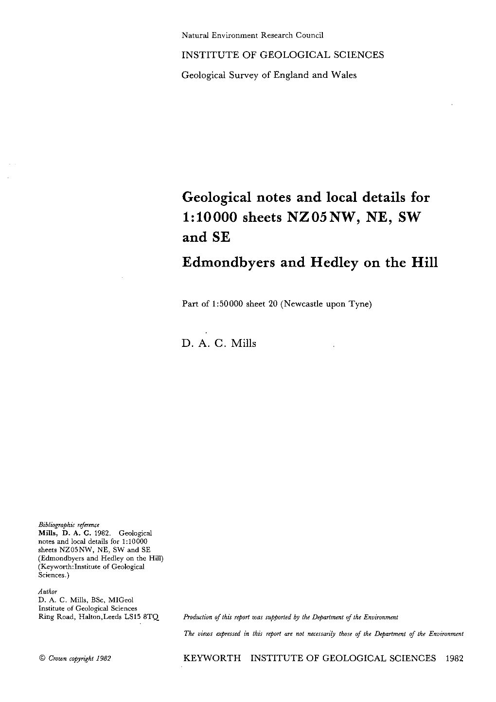 WA/DM/82/53 Geological Notes and Local Details for 1:10 000 Sheets NZ05NW, NE, SW and SE Edmondbyers and Hedley on the Hill: Pa
