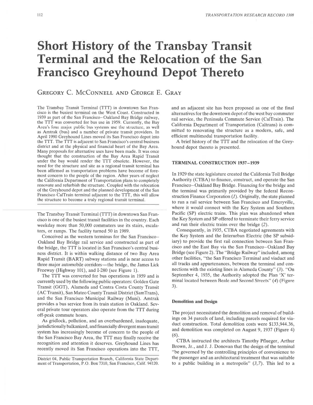 Short History of the Transbay Transit Terminal and the Relocation of the San Francisco Greyhound Depot Thereto