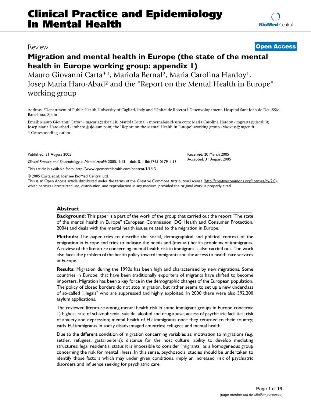 Clinical Practice and Epidemiology in Mental Health Biomed Central