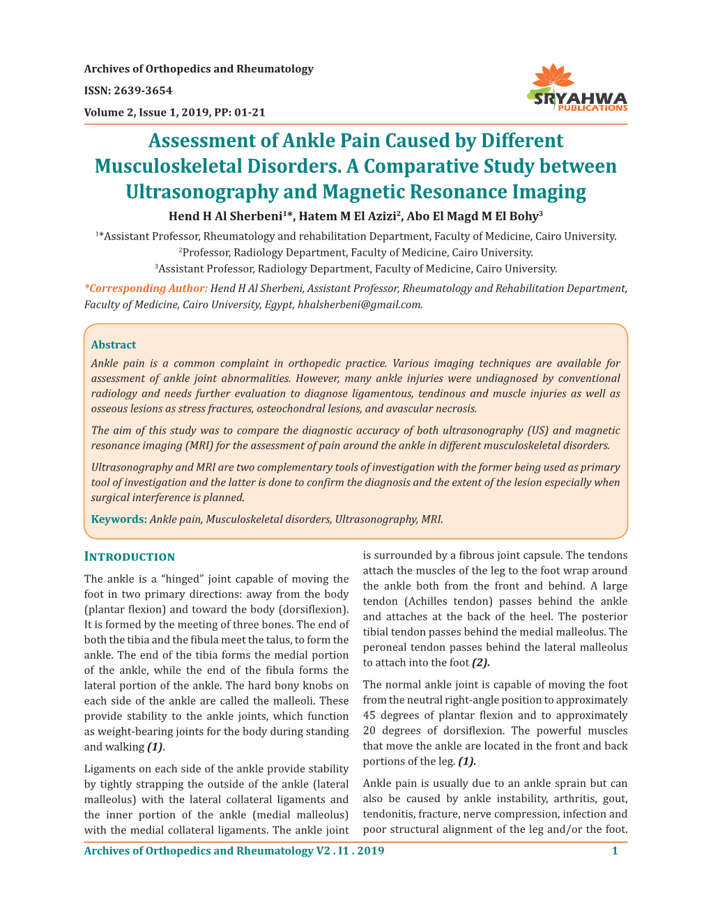 Assessment of Ankle Pain Caused by Different Musculoskeletal Disorders