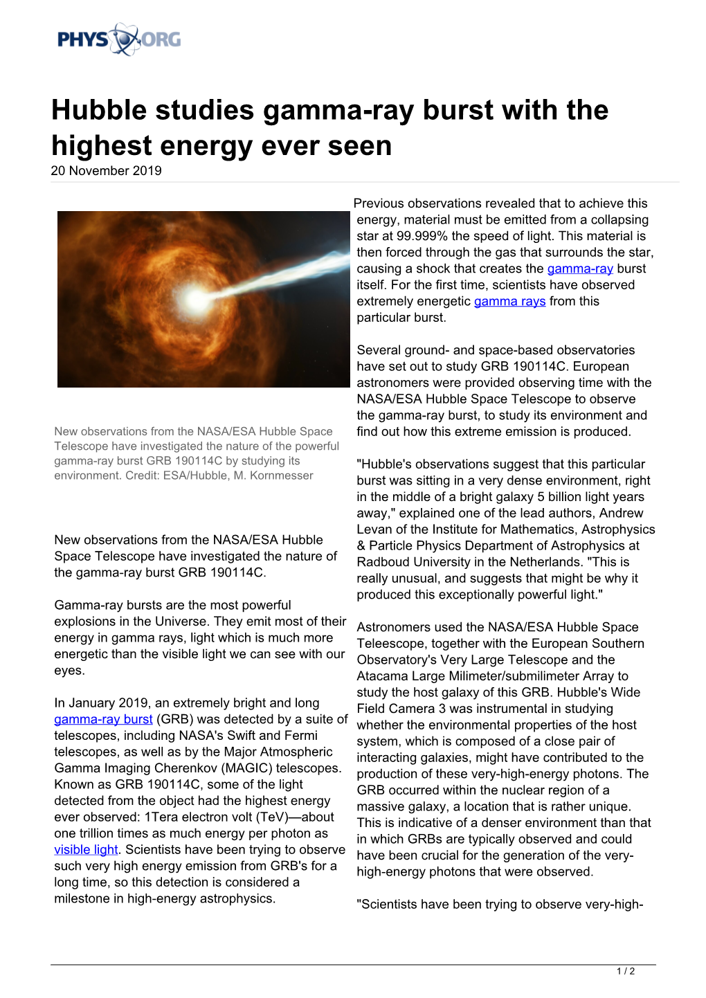 Hubble Studies Gamma-Ray Burst with the Highest Energy Ever Seen 20 November 2019