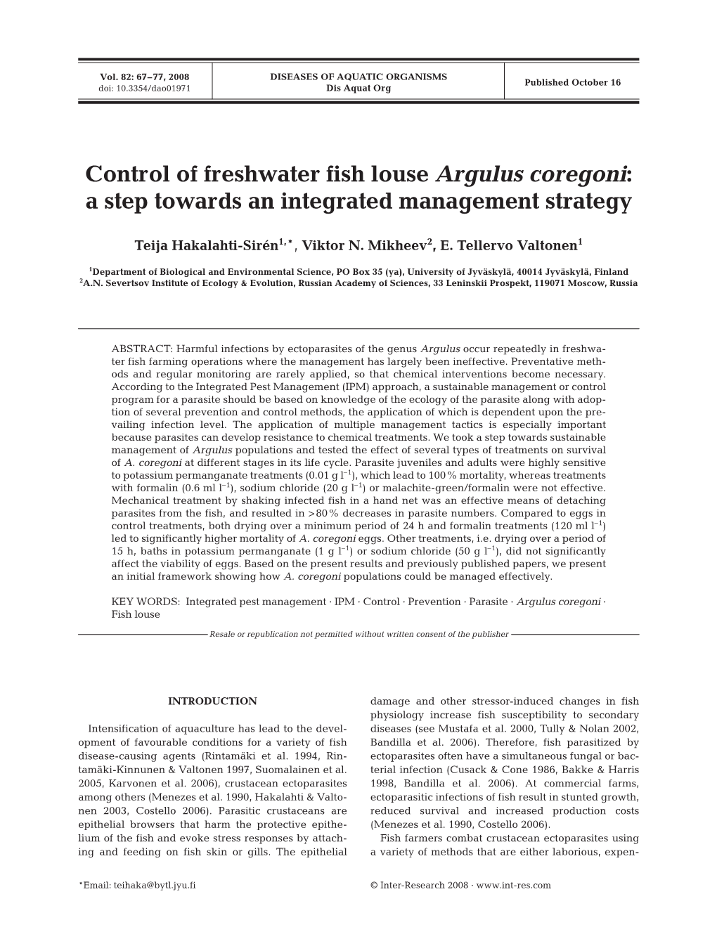 Control of Freshwater Fish Louse Argulus Coregoni: a Step Towards an Integrated Management Strategy