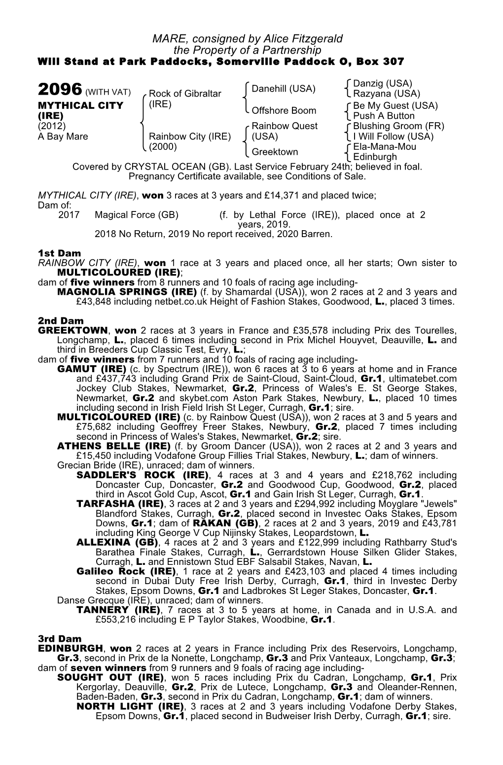 MARE, Consigned by Alice Fitzgerald the Property of a Partnership Will Stand at Park Paddocks, Somerville Paddock O, Box 307
