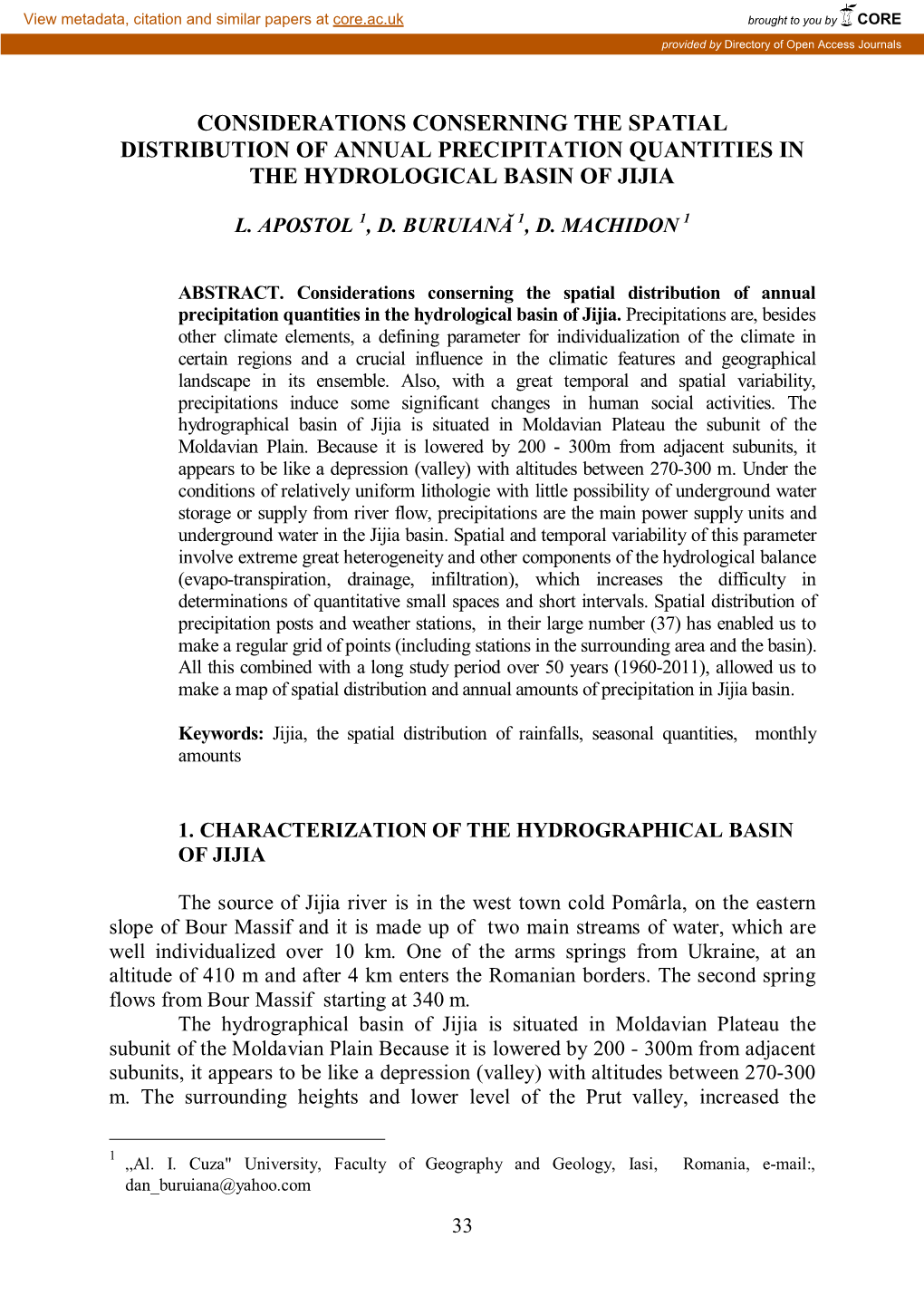 Considerations Conserning the Spatial Distribution of Annual Precipitation Quantities in the Hydrological Basin of Jijia