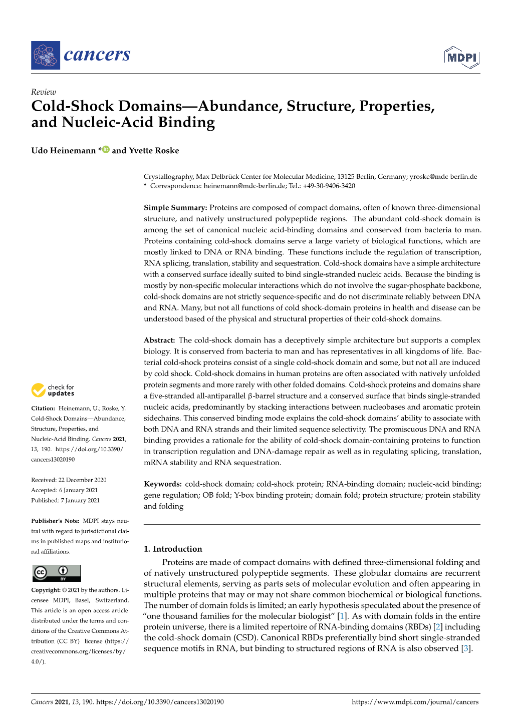 Cold-Shock Domains—Abundance, Structure, Properties, and Nucleic-Acid Binding