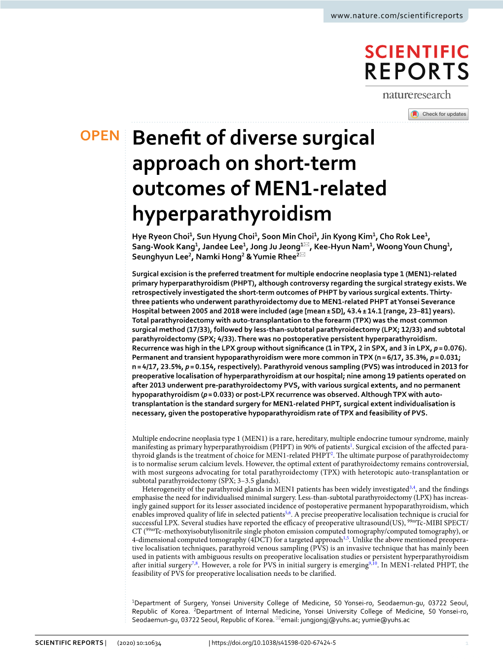 Benefit of Diverse Surgical Approach on Short-Term Outcomes of MEN1