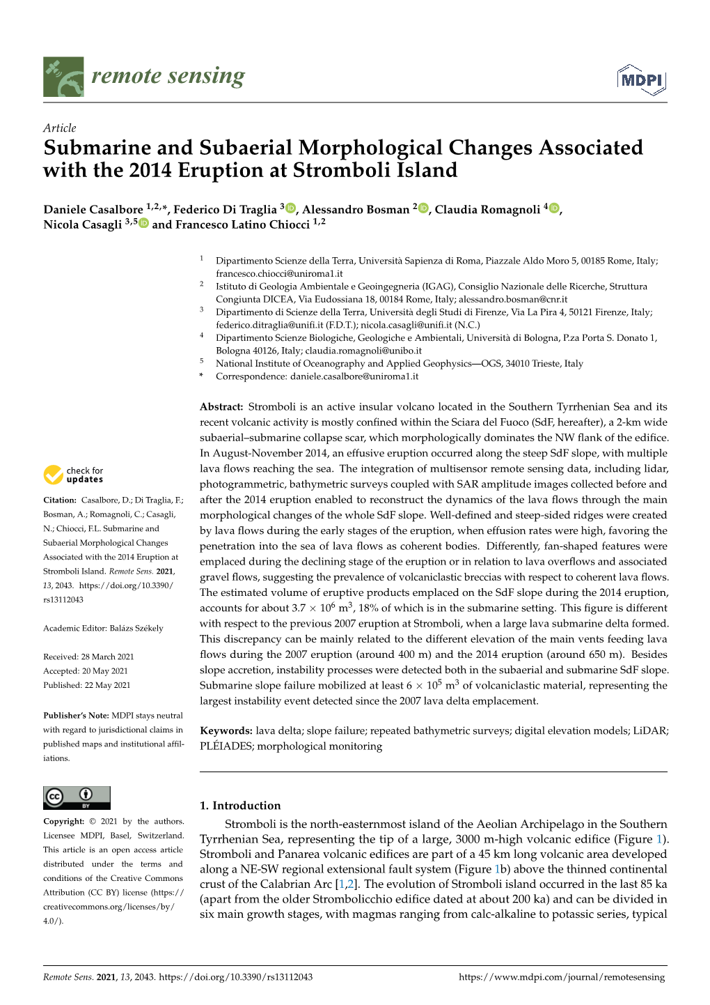 Submarine and Subaerial Morphological Changes Associated with the 2014 Eruption at Stromboli Island