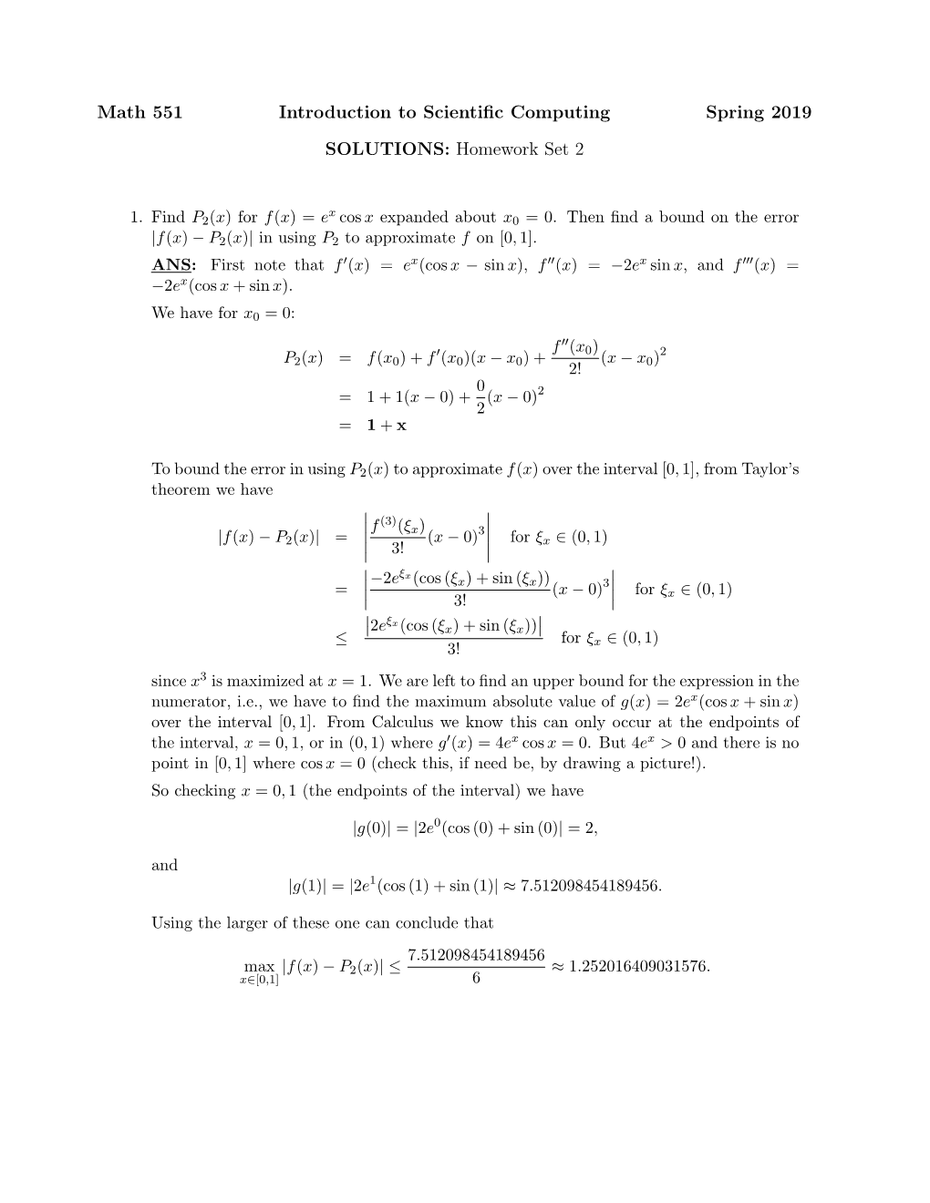 Math 551 Introduction to Scientific Computing Spring 2019 SOLUTIONS