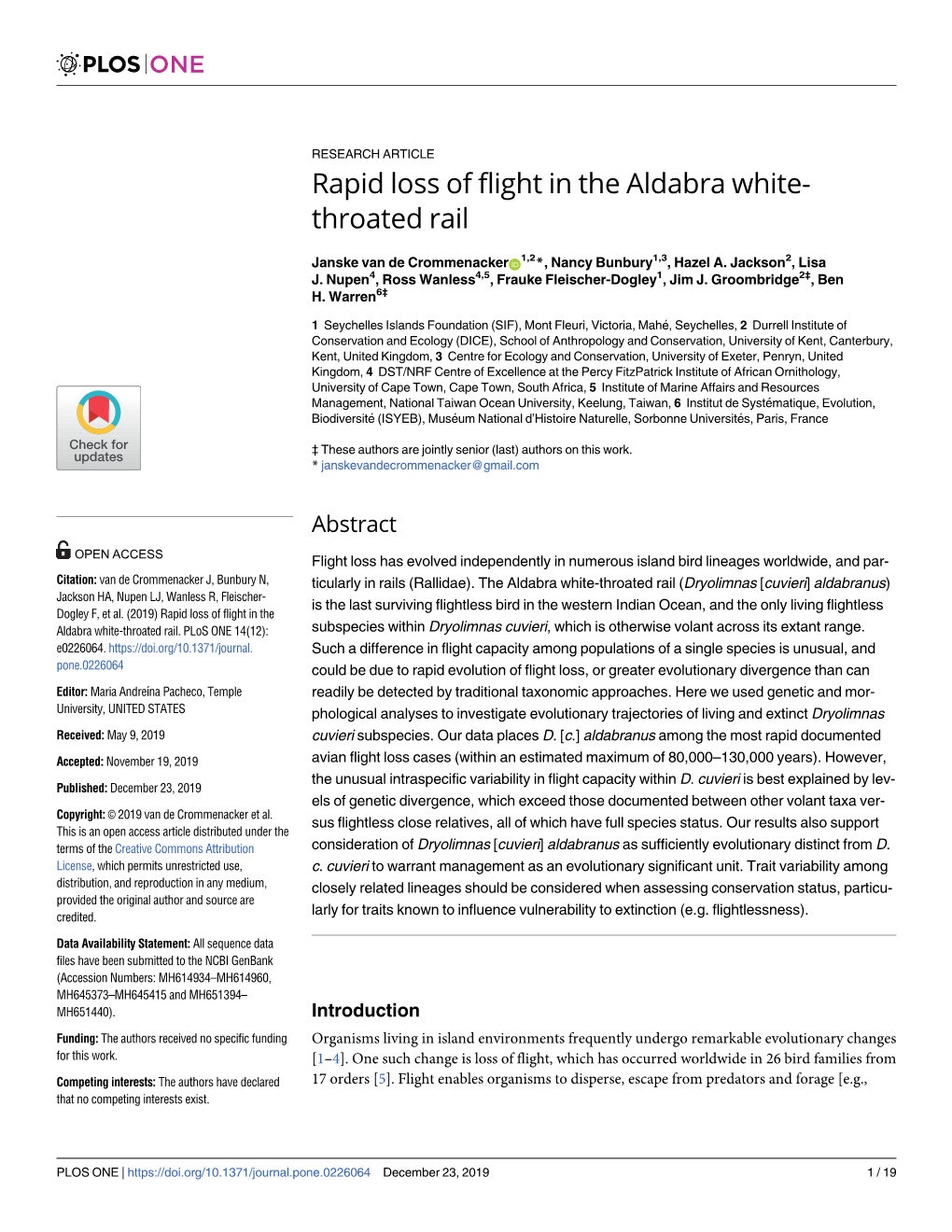 Rapid Loss of Flight in the Aldabra White-Throated Rail