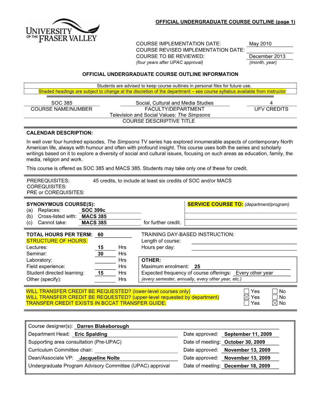 OFFICIAL UNDERGRADUATE COURSE OUTLINE (Page 1)